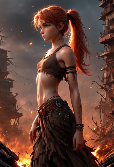 1woman, Masterpiece, 4k, ultra high detail, score_9, score_8_up, score_8, 21yo,  small breast size, long red ponytail hair, fcNeg, stunning green eyes, freckles, white skin, small nose, innocent beauty, slim face,  skinny body, perfect body, supermodel, 
Dirty skin, ready to fight, never giving up, 
Native Tribal clothes, Waterworld_clothes with long skirt_ripped_side, 
Dark sky, burning sky, nighttime, night, burning skyscraper, destoyed skyline, 
Sideview,  Apocalyptic scene, burning skyscraper, burning city, destroyed cars, Collapsing buildings, 
End of the World, 
negative_hand, NightScapes,