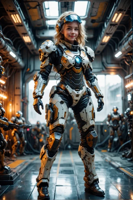 masterpiece, best quality, amazing quality, blurry background, Depth of Field, indoors, Mechanical room,
1girl, solo, sci-fi, Battle suits, blonde hair, spread lips, smile, 
 <lora:cfg_scale_boost:0.3> <lora:Mechanism-pdxl-1:0.5> , cowboy shot, dynamic angle, open stance, dynamic pose, facing at viewer, head tilt