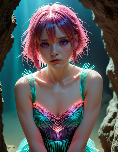 . masterpiece, best quality, amazing quality, very aesthetic, absurdres, newest, scenery, highres, high detail, 
1girl, CivChan, Dystopian Comic Style, artist:Kouyu Shurei (ç é» ããã), safe, sfw, purple eyes, pink hair, hair_between_eyes, v-shaped eyebrows, w0gf1l, wearing priest of the new god's clothes made of tiny neon glass filaments, (holding The Bloodspear) made of tiny neon glass filaments, Rubbing nose against shoulder blade, Photography, in A mysterious cave with deep caverns and subterranean formations., 
dutch angle, volumetric lighting, 
, , , 
, <lora:CivChan_SDXL:1>,<lora:hand 5.5:1>,<lora:Dynamic Poses:1>,<lora:World_of_Glass_Filament:1.1>