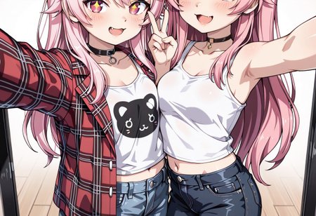 lazypos, girl focus, pink hair, multiple girls, long hair, denim, fang, virtual youtuber, pants, open mouth, jeans, head out of frame, v, shirt, 2girls, breasts, plaid jacket, choker, white shirt, tank top, smile, midriff, jacket, black choker, selfie, arm up, +_+, collar, white tank top, blush, samnstyle