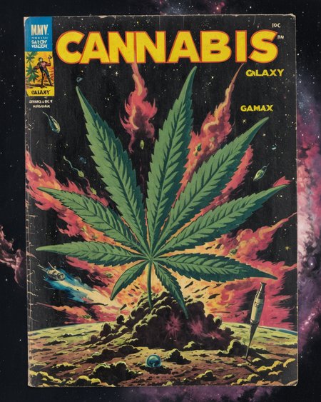 <lora:Wiz-VintageComicBookCover_v01:1> Vintage comic book cover of Cannabis Galaxy,  a cosmic-themed artwork with cannabis leaves and smoking accessories scattered like stars in a galaxy. Add a dreamy or surreal touch to capture the elevated experience.