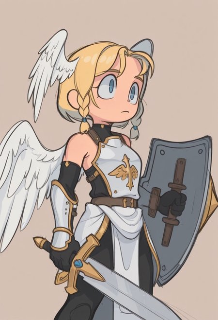 sslt,

1girl, solo, braid, angel, angel wings, arm shield, armor, black gloves, blonde hair, blue eyes, closed mouth, detached sleeves, feathered wings, gloves, head wings, holding, holding sword, holding weapon, short hair, side braids, sword, twin braids, weapon, white wings, wings