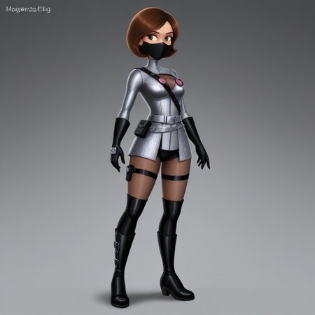 helen, 1girl, solo, brown hair, brown eyes, silver mesh, magenta belt, magenta "EG" badge on the chest, with a black mask, gloves, tights, black high boots.