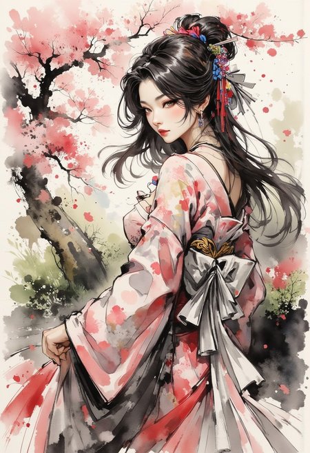 side portrait, shuimo, A dinkfsn style ink wash painting, crisp lines and delicate shading, an elegant Japanese woman wearing a silk dress, long hair, bangs, sidelocks, serene expression, standing under sakura trees, blossoms falling gently in the breeze, dappled sunlight