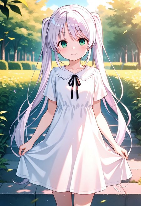 1girl,cowboy_shot,best quality,amazing quality,absurdres,shiro,white dress,short sleeves,looking_at_viewer,smile,outdoors