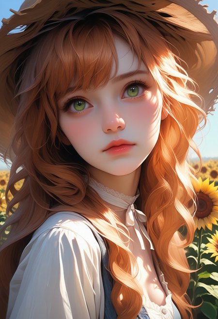 ASCII, photorealistic, OLED, score_9, score_8_up, score_7_up, score_6_up, 1girl, green eyes, copper hair, bangs, strands of hair falling over the face, long hair, straw hat with sunflower, ((close up, standing)), medium breasts, simple grey background <lora:SnowFoxeij-000006:0.4>, white ribbon choker, looking to viewer, cute face, blue dungarees, jeans dungaree