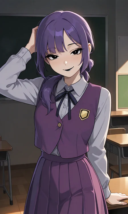 a cartoon portrait of a girl in a school uniform and purple hair standing near a desk in a classroom, collared shirt, grey shirt, indoors, desk, purple vest, school uniform,purple skirt, 1girl,low ponytail,long hair,purple hair,bangs,black eyes,black lips,hand on own head, seductive smile, buttons, neck ribbon, black ribbon, medium skirt, long sleeves, closed mouth, looking at viewer, faded colors, thick lines, messy, dark, dim