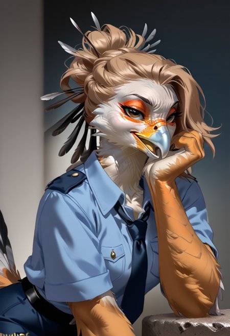 score_9, score_8_up, score_7_up, (by zummeng:1.5), (by jailbird:1.5), (by kittydee:1.5), masterpiece, best quality, (solo),  
(Furry Art : Anthro: secretary bird:1.5), 1girl, expressive eyes, feminine eyes, perfect face, feminine face, (light brown hair:1.5), (updo hair:1.5), feminine body, medium breasts, bird of prey, orange face markings around eyes, multicolored body, white feathers, black feathers, grey feathers, black thigh feathers, long legs, long head feathers, (police uniform:1.5), (police skirt), (grey eyes), (humanoid hands)