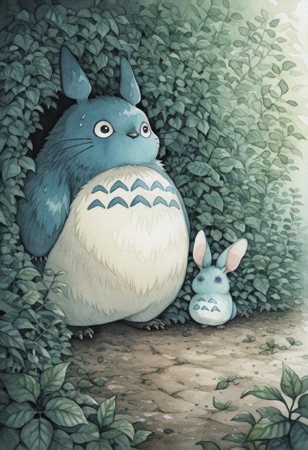 amazing quality, absurdres, best quality, detailed background, green leaves, bushes, eyes, hiding, mid
totoro, blue fur, big ears, no mouth, nervous,  
 <lora:rusetsuksr_style:1> rusetsuksr_illu, painting (medium)