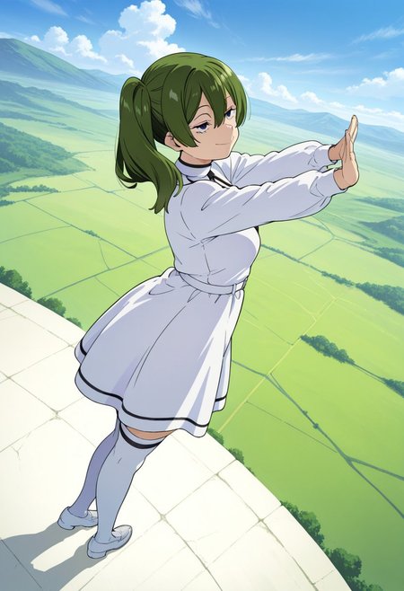 ((haniodonstyle, solo, ubel \(sousou no frieren\), dynamic angle, vivid color, anime movie style, inspired by takeda hiromitsu)), green hair, side ponytail, purple eyes, masterpiece, best quality, extremely detailed, depth of field, very aesthetic, newest, absurdres, detailed eyes, pretty eyes, prettiest eyes, detailed facial expression, facial expression emphasized, cute face, 1girl, cloud, white dress, from side, long sleeves, outdoors, reflection, ((salar de uyuni, pristine reflective ground surface stretching to the horizon, reflecting the sky, lone girl standing on white ground)), ((exaggerated scale of the landscape)) , white thighhighs, white ground, bright blue sky, ((landscape, scenery, wide shot)),