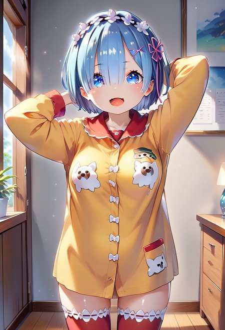 score_9,score_8_up,score_7_up, masterpiece, Henreader, 1girl, solo, source_anime, scenery, (mature woman:1.2), (wide thighs:1), (wide hips:1), (detailed eyes, high definition eyes,high gradient eyes,eyesHD), (best quality:1.4), a close up of a woman with colorful hair, anime girl with cosmic hair, rossdraws pastel vibrant, artwork in the style of guweiz, fantasy art style, colorful, vibrant fantasy style, cosmic and colorful, guweiz, colorfull digital fantasy art, stunning art style, beautiful anime style, shiny, shiny skin, (beautiful female), beautiful face, clear face, Shiny hair, (blue hair:1.2), (short hair:1.2), (blue eyes:1.2), mischiveous smile, provocative look, begging dog pose, two tender canine fangs in her open mouth,  Expressiveh, concept art, beautiful_female_fingers, perfect hands, detailed hands, beautiful hands, professional anime, (rem from re:zero:1.2), (rem:1.2), blue eyes, blue hair, hair ornament, hair over one eye, hair ribbon, short hair, x hair ornament, big breasts, perfect body, seductive girl, (standing, arms behind head), (looking at viewer), red thighhighs, pajamas, calpajamas