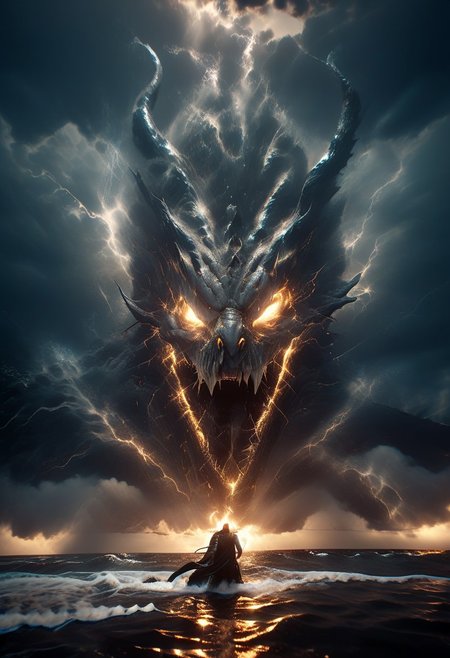 professional, 4k photo, Sharp focus, high detail, gargantuan sea monster, dark theme, silhouette, monster in distance, emerging from ocean, murky water, black scales, menacing, dramatic, greg rutkowski, expressionism, impressionism, volumetric lighting style, god rays, monster attack, eldritch horror, reaching upward, tall waves, lightning, thunderstorm, lightning strikes, wooden ship in foreground, monster in background,
bosstyle, monster versus ship, 
dramatic angle, cinematic lighting, 
easynegative, extremely detailed, dark, chiaroscuro,