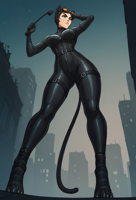score_9, score_8_up, score_7_up, pureerosface_v1, fFaceDetail , green eyes, perfecteyes, kinkymationstyle, 
young Catwoman, low angle, rooftop, Gotham skyline, black bodysuit, glossy leather, cat ears, whip coiled, moonlight, city lights, dark and moody, skyscrapers, stars, high heels, poised, agile, stealthy, wind blowing, determined expression, sharp claws, urban jungle, sleek silhouette, dynamic pose, predator, shadows, rooftops, cool tones.