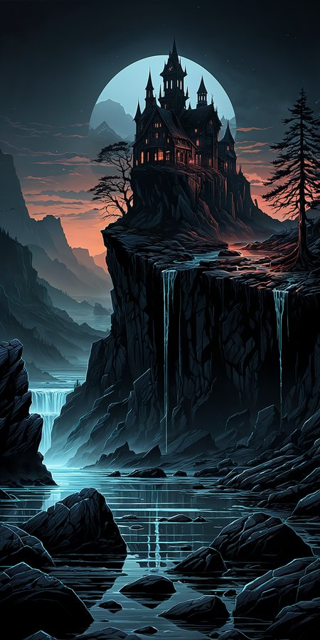 horror-themed, a nature scenery by Dan Mumford, glossy colored lineart sketch style, natural habitat environment, absurdres, clean and harsh image, cinematic shot, minimalistic,, very starry sky fading to black top, sheer cliff close view, crystal clear water, stones, shoal, pebbly shore, distant mist, rule of thirds composition, detailed . eerie, unsettling, dark, spooky, suspenseful, grim, highly detailed
