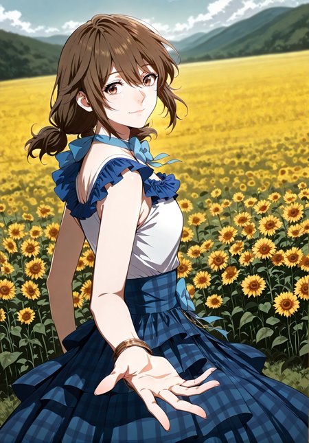 <lora:Eleanor_Leywin__The_Beginning_After_the_End__Illustrious:1>
1 girl, solo, brown hair, brown eyes, bangs
dress, blue skirt, plaid skirt, long skirt, white shirt, bracelete, blue bowtie, jewelry, frills, twintails, low twintails, hair between eyes, shirt sleeveless, medium hair
score_9, score_8_up, score_7_up, very aesthetic, source_anime, detailed, high quality, beautiful, masterpiece, detailed eyes, field, blurry background, pose dynamic angle, upper body, cowboy shot, light smile, looking back, reaching out, floating hair, <lora:iLLMythG0thicL1nes:1>