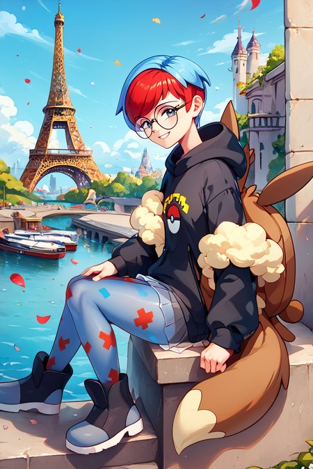 score_9, score_8_up, score_8, medium breasts, (curvy), cute, eyelashes,       ,,, , ,,, zzPenny, grey eyes, glasses, short hair, red hair, blue hair, multicolored hair, round eyewear, two-tone hair,  long sleeves, hood down, black hoodie, backpack, bag, brown bag, pantyhose,   see-through skirt,   <lora:Penny_Pokemon_PDXL:1.0>,  ,,,, BREAK, zzEiffelTower in background, sitting, watercraft, boat, sitting on wall, side view, looking at viewer, smile, ,,, BREAK, blooming stars, luminescent petals, otherworldly fragrance blurry background, ,,, embedding:zPDXL, Expressiveh, ,,, <lora:EiffelTowerPDXL:1.0>, <lora:CatalystStylePDXL:0.6>, <lora:SDXLFaeTastic2400:0.5>, <lora:Expressive_H-000001:0.4>,