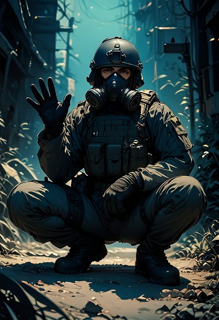 (score_9, score_8_up), score_7_up, gloves, long sleeves, looking at viewer, outside, waving, squatting, male focus, black gloves, uniform, gun, military, mask, helmet, holding gun, pouch, dark theme, gas mask, tactical clothes, all black attire, bulletproof vest , blue lighting, retro
<lora:nostalgia-000011:0.8>    <lora:warcore-000013:0.8>