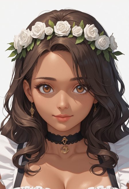 score_9,score_8,score_7_up, masterpiece, high_quality, highres, high quality, perfection, character design, solo, best quality,1 woman, adult, beautiful woman, cute woman, adult, 30 years old, ((Olive Tan skin tone:1.4)), detailed body,  shapely woman, (Curvy body: 1.6), MILF, (long wavy voluminous flowing hair Dark brunette hair), Natural body, detailed face, beautiful face, russet brown eyes, eyelashes, large breasts, (Maid Apron, black choker) Standing, Close up, focus on face, head wreath, white Rose wreath, White background, steam, hot, nervous, happy, front view,