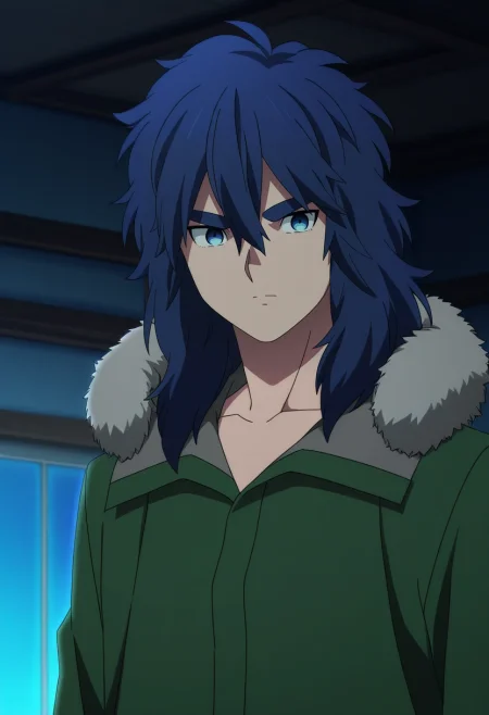 masterpiece, best quality, , anime screencap, anime coloring, official style,, 1boy, solo, male focus, <lora:yui_kemono_jihen_ilxl:0.94>, yui_kemono_jihen, blue hair, blue eyes, long hair, hair between eyes, bangs, thick eyebrows, green coat, fur trim,