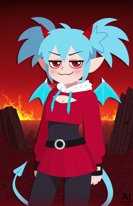 1girl, solo, ruins, hell, cloud, red sky, dark sky, fiery sky, fire, cowboy shot,
<lora:Nullantwins:0.8> zhuu, red eyes, blue hair, red horns, demon tail, blue tail, demon wings, blue wings, twintails, big hair, pointy ears,
red hoodie, cropped hoodie, long sleeves, black bodysuit, fur-trimmed hoodie, blue fur, black gloves, fingerless gloves, cleavage cutout, red skirt, midriff, black belt, belt buckle, blue drawstring,
contrapposto, light smile, blush, looking at viewer, smug, :3, fangs out,
<lora:GrittySugar:1> grittysugar,, extremely detailed, highres, masterpiece, best quality