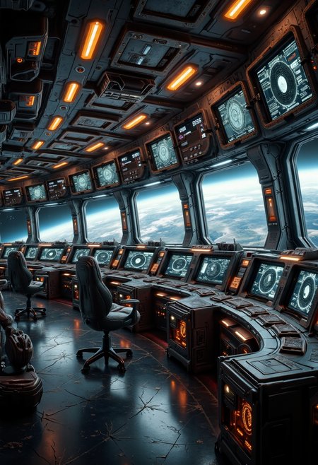 yfg-sm0rg, YFG-L3ms a panoramic command deck filled with digital displays, Earthâs bright limb visible through wide observation windows