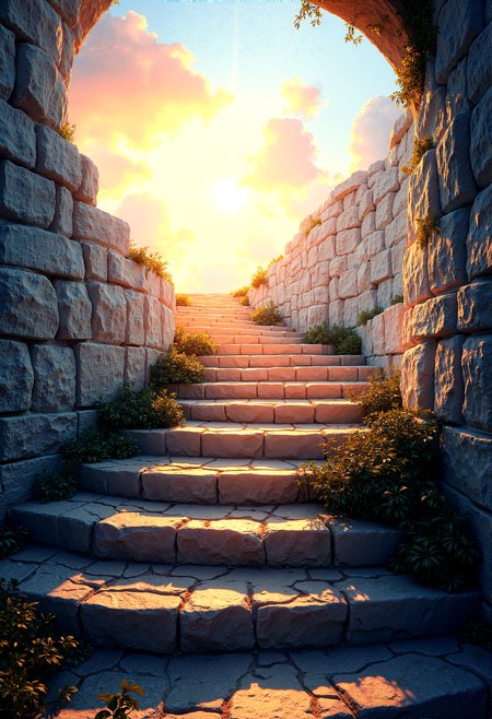 photorealistic image of a stairway to heaven,curvy pathway,  background revealing bright lights, fluffy clouds, etherial atmosphere, detail stairway steps made of cobblestone, roman architecture, godrays, rainbow lens flre, weeds growing between stairs, in POV




 














