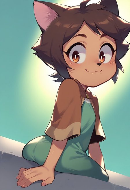 score_9, score_8_up, score_7_up, source_cartoon,  1girl, solo, dramatic lighting, dramatic angle, looking back at you,
Luz Noceda, brown hair, short hair, brown eyes, young,   managan, furry, cat girl, looking at viewer, sitting, brown capelet, green tunic, black eyes, solid circle pupils, smile