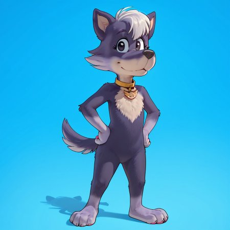 score_9, score_8_up, score_8, score_7, source_cartoon, Wind_Swiftly, solo, 1girl, anthro, female furry, dog, dog girl, purple and white fur, white hair, bangs, thin tail, black nose, black eyes, white chest fur, gold collar, gold tag, full body, looking at viewer, standing, sassy pose, smile, hands on hips, blue background,