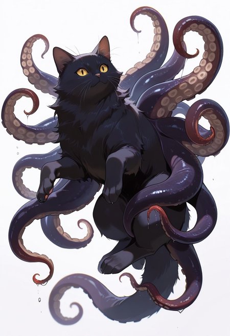 (masterpiece, best quality, high quality, highres), very awa, highres, absurdres,
 (no humans:1.1), (solo:1.2), full body,
(black cat:0.6), (octopus:0.7), (fluffy:0.4), (tentacles:0.7), (multiple limbs:0.7), paws,
simple white background,