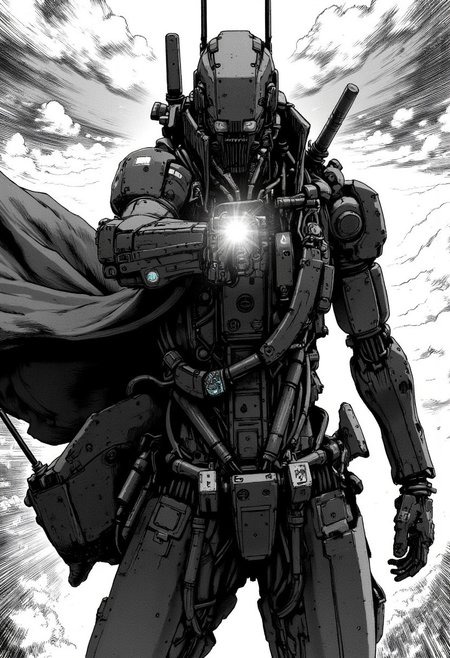 nistyle, monochrome manga sketch, A Closeup Portrait of a robot cowboy delivering a powerful punch, extreme Closeup of His Face - shrouded in mystery. He wears a, tattered high collar coat that billows dramatically in the wind, creating a striking contrast against the rugged landscape. Hyperdetailed badass Closeup, hyperdetailed, deadly Gaze, mouth obscured by the coats high collar,