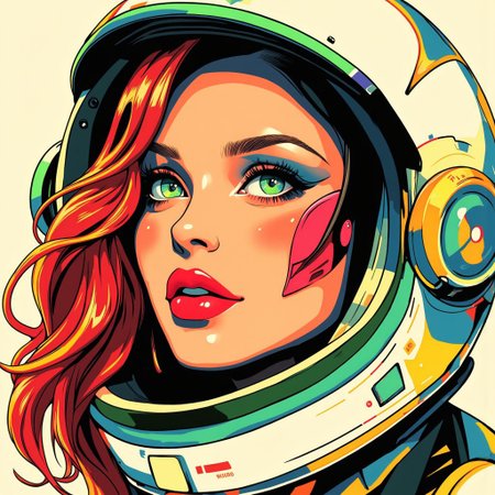 Futurism woman astronaut art. she has robot implant and opened helmet. Art make up and and deep green eyes. 30 years old, red hair, perfect face. On background cubism and geometric art, some schemes and grafs lines. Inkpunk Anime