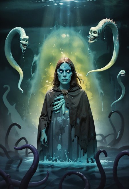 weird water woman, 19yo, portrait, strange tentacles, prismatic beams, score_9, score_8_and_up