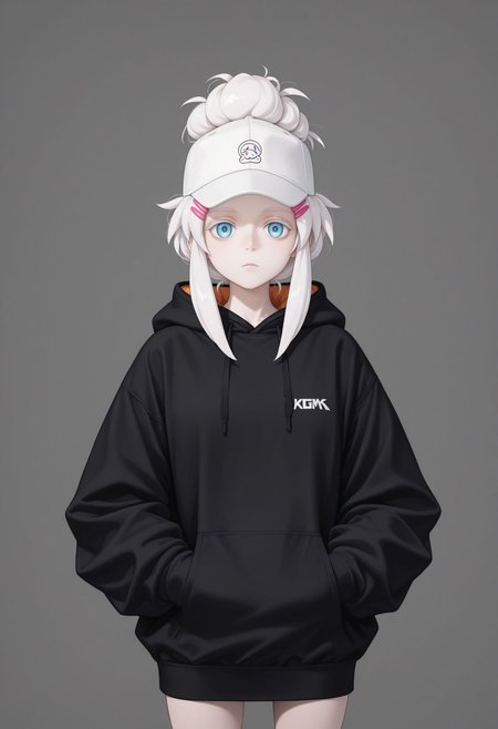 masterpiece, best quality, newest, (realistic:0.5), solo, looking at viewer, 
 <lora:Deux illu:1> 1girl, white hair, single hair bun,sidelocks, white eyelash, hairclip,freckles hair ornament, blue eyes, baseball cap, hat, white headwear,, standing, hood down casual, black hoodie, closed mouth, long sleeves, cowboy shot, drawstring, nail polish, hands in pockets, white background,, simple background, grey background, black jacket, light frown,