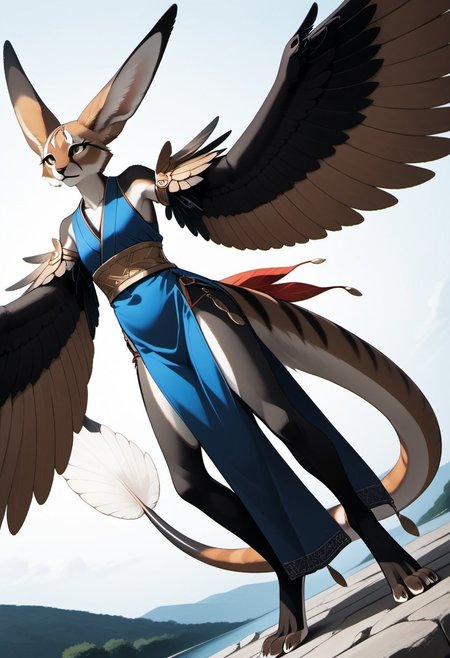1person, Palagiri, anthro, feline features, feline nose, large ears, ((winged arms)), arms lowered, digitigrade legs, long tail, tapering tail, feather-tipped tail,
Dutch angle, 
Source: anime, score: 9, score: 8up,