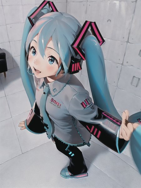 masterpiece, best quality, illustration, 
1girl, solo, (hatsune miku:1.4), hat, top hat, blue sweater, denim, black shoes, sneakers,  walking, 
VIS1,  indoors, tiles,  ceiling, couch, tile wall, realistic,