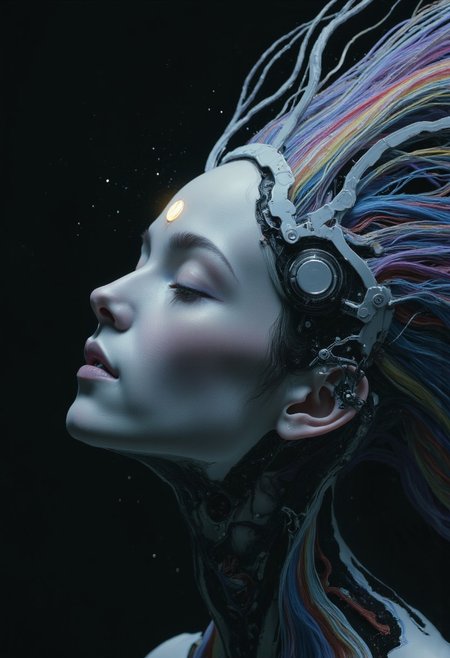 An unearthly and hyper-detailed closeup of a cybernetic being’s face in the style of ck-ncr,  Her features are a flawless fusion of synthetic flesh and intricate machinery, glowing faintly in a gradient of blue and gray. Her expression is serene, almost divine, with eyes half-closed as if in meditation. The details of her face reveal microfilaments of light coursing beneath translucent synthetic skin, seamlessly integrated with polished metallic components. A soft, radiant glow emanates from the center of her forehead, symbolizing transcendence and enlightenment.
The atmosphere around her is veiled in shadow, dense with static haze and punctuated by the faint outlines of decaying technology, evoking a sense of humanity’s forgotten past. The lighting is cinematic, with soft, volumetric beams highlighting her ethereal presence, creating an intense and unsettling mood of otherworldly beauty and profound transformation., transmitting streams of data that cascade like waterfalls of shimmering code. Above, her face is serene, almost otherworldly, with eyes closed as if in quiet meditation,body flows into a large, curved, rainbow-hued arc that stretches across the image, blending into the background., radiating a sense of liberation.