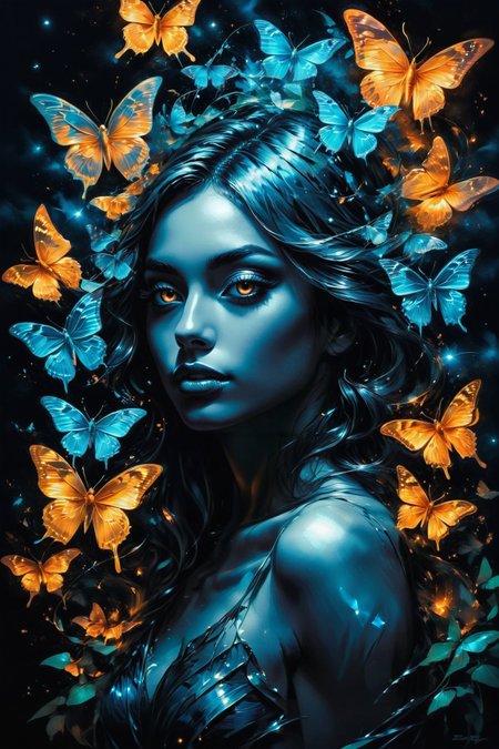 8k,wallpaper of extremely detailed CG unit, ​masterpiece,hight resolution,top-quality,top-quality real texture skin,hyper realisitic,increase the resolution,RAW photos,best qualtiy,highly detailed,the wallpaper, BREAK ,many blue semi limpid butterflies are making the rainbow in the sky at night,everything is dark as shadow,butterflies glowing blue,
<lora:SDXLFaeTastic2400:1> <lora:Ripples-SDXL:0.85> <lora:d3t41l3dXLP:0.6> <lora:g0th1cPXL:0.3> <lora:add-detail-xl:1>, glow in the dark