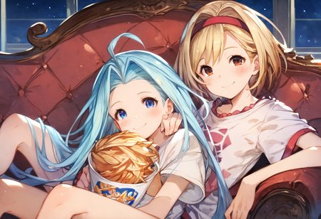 score_9, score_8_up, score_7_up, masterpiece, best quality, very aesthetic, absurdres, aged up, from front, night,
side-by-side, leaning on person, leaning on shoulder, sitting on couch, (eating popcorn:0.5),
(2girls, yuri:1.5), blush, happy smile, looking at viewer, t-shirt, clear eyes,
lyria \(granblue fantasy\), very long hair, blue hair, blue eyes, (skinny, body_slim:1.2),
djeeta \(granblue fantasy\), short hair, blonde hair, (hairband:0.7), brown eyes, 
<lora:JitaRuri-Pony:0.8> jitaruri, <lora:IshikePony:0.2>,