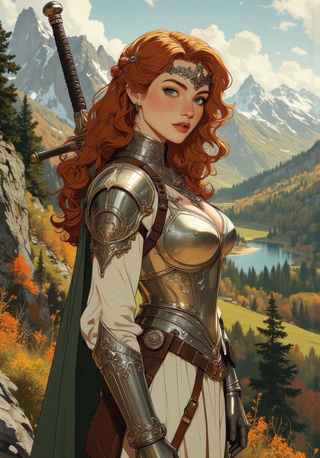 Anime art, Full-length, gorgeous fantasy redhead, naturally curly long ginger hair, tiara, tight sliver armor, standing on a hill. Full breasts, tight waist, round thighs, green eyes, no blush. Backdrop of fantasy highlands in fall, bright autumn colors, lakes and wooded areas, braided hairstyle, diffused lighting, determined facial expression, intricate armor details. Sword and shield on back. <lora:aidmaMJ6.1_v0.5_3:0.5>,  <lora:Anime Art V3_Flux:0.5>
