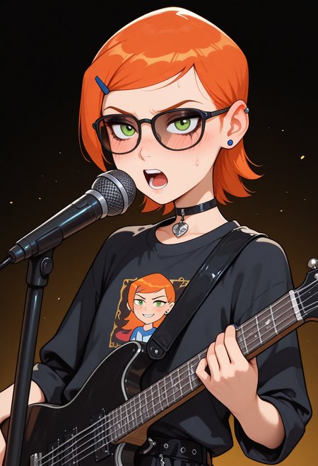 masterpiece,best quality,amazing quality,very aesthetic,high resolution,ultra-detailed,absurdres,newest, Gwendolyn_Tennyson, Green eyes, Orange hair, blush, 1girl, rock style, sunglasses, gothic makeup, black guitar, concert performance, rocker clothes, singing into the microphone 