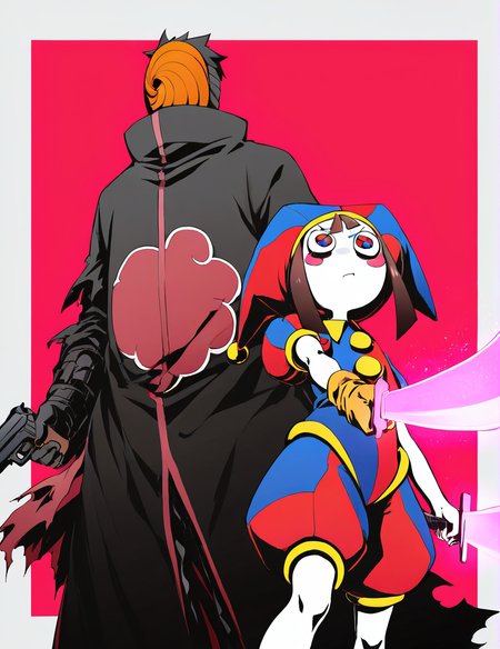 masterpiece, best quality, 1boy, 1girl, from below, (((((two-tone background))))), red background, pink background,
BREAK  <lora:Tobi_naruto_Illustrious_XL:1>, tobi, akatsuki uniform, cloud print, mask, torn clothes, 
BREAK  pomni \(the amazing digital circus\),  colored skin, blush stickers, jester cap, striped clothes, puffy short sleeves, mismatched gloves, puffy shorts, serious,
BREAK holding weapon, holding gun, glowing gun
BREAK holding weapon, holding sword, glowing sword
