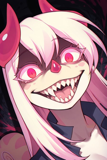 Score_9, score_8_up, score_7_up, masterpiece, best quality, newest, absurdres, highres, 1girl, pomseel, red eyes, horns,dynamic angle, pink_eyelashes, long hair, fang, snout, sharp teeth, solo, chameleon girl,  evil smile,  yandere,  shadow, dark background, glowing eyes, close-up
