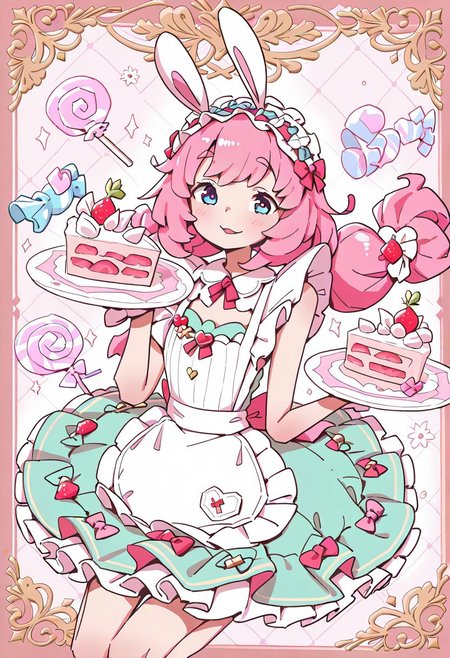 lazypos, character focused, cute anime girl, pastel color palette, candy themed outfit, bunny ears headband, frilly apron dress, turquoise pink ribbons, holding cake slice, surrounded by bunnies, floating candy pieces, carousel motif, joyful expression, dessert accessories, kawaii fashion, heart details, playful background, magical sweetness, teal bows, strawberry accents, lollipop decor, bubblegum fantasy, RaigStyle