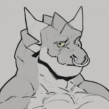 safe_pos, zPDXL3,rating_explicit, source_furry, digital media \(artwork\), masterpiece, high quality, best quality,BREAK,dragon, looking at viewer, , muscle,(monochrome:1.4), (sketch),(nose ring, nose_piercing:1.3), (yellow sclera:1.2), headshot phone,ears, 