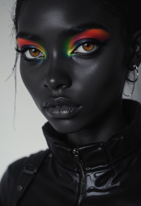 A highly detailed close-up of a black skinned woman with bold eyeshadow and Planethead, Her face is softly illuminated, exuding a mysterious allure. The eyes are adorned with striking, colorful eyeshadow that accentuates her deep, expressive gaze. Her lips are slightly parted, adding a hint of playfulness, while soft shading highlights the curves of her face. The monochrome background enhances the timeless elegance, while subtle color accents, such as a gentle glow on her lips, enhance the atmosphere of dark enchantment.
Nistyle, monochrome analog photo, extreme face close-up, a captivating ethereal nun, royal aura, alluring charm, hyper-detailed photorealistic, with vibrant neon color highlights, gray, white, and soft pastel tones.