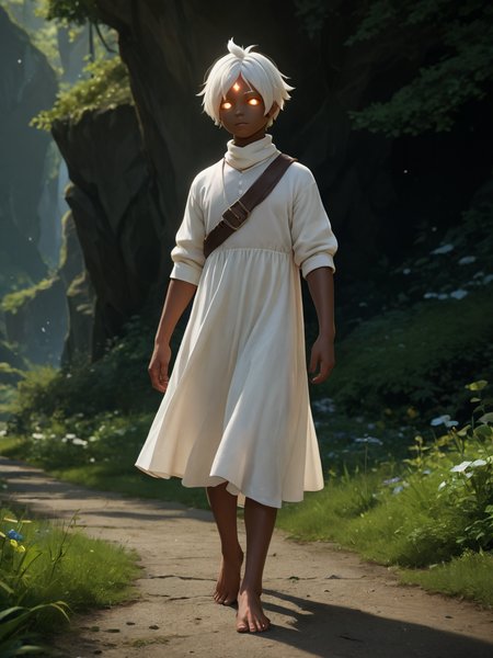 score_9, score_8_up, score_7_up,  score_6_up, BREAK, SkyChildren,  solo, 1boy, glowing eyes, white hair, dark skin, white dress, barefoot, full body  <lora:SkyChildren:1>
