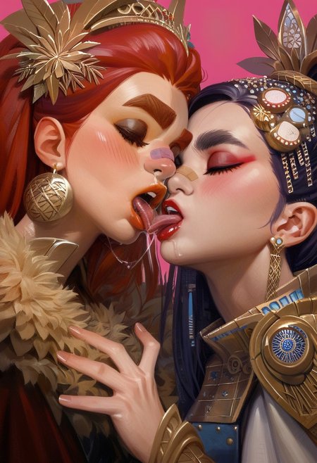 score_9, score_8_up, score_7_up, source_anime, hi res, masterpiece, best quality, highres, Nameless_Style, multiple girls, 2girls, bandaid on face, french kiss, yuri, bandaid on nose, heart, closed eyes, earrings, jewelry, saliva, makeup, tongue out, hair ornament, thick eyebrows, lipstick, blush, simple background, realistic