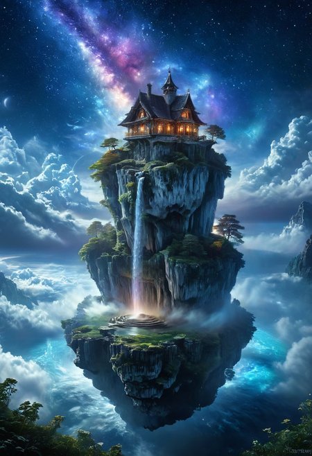 A stunning, hyper-realistic fantasy scene featuring a floating island situated above the clouds. The island hosts a quaint, rustic cottage and a towering ancient mushroom, intricate details meticulously rendered. A cascading waterfall, night sky, vibrant colors, stars twinkling against a backdrop of auroras and nebulae,  magical, dreamlike ambiance, paradise straight out of a fairytale. Fantasy, magical, hyper-realistic, detailed, vibrant, serene, ethereal, dreamlike, mystical, breathtaking. milky way, aurora,
 ral-mtclniscp, extremely detailed, dark, chiaroscuro, low-key,
floating island, surreal,