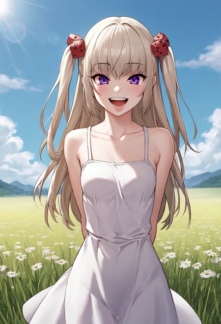 <lora:Joo_Ra-Mi:0.8>, joo_ra_mi, purple eyes, long hair, platinum blonde hair,air ornament, two side up, small breasts, small body, petite body,  sundress
BREAK
outdoor, field of grass, sun, blue sky
BREAK
cowboy shot, looking at viewer, standing, happy face, open mouth, smile,beautiful lips, front view, arms behind back
BREAK
best quality, masterpiece,score_9, score_8_up, score_7_up, perfect hand, , source_anime,  manhwa, webtoon, zPDXL