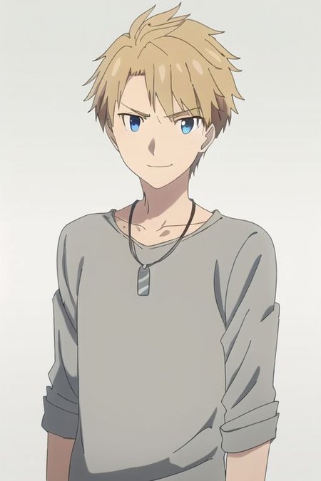 high resolution, professional photography, solo, best quality, 1Boy, Yamato Ishida, Blond Hair, Deep Blue Eyes, Necklace, dark t-shirt, looking at viewer, focused gaze forward, plain background, straight body, head upright, angry, smile, OverallDetail